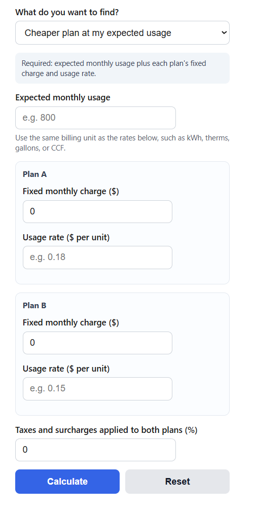 Utility Rate Plan Comparison Calculator