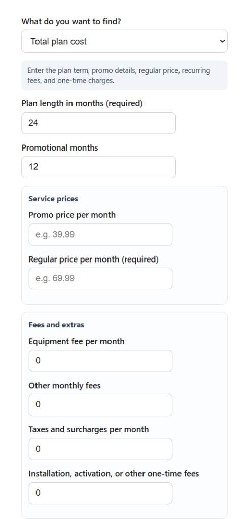 Internet Plan Total Cost Calculator