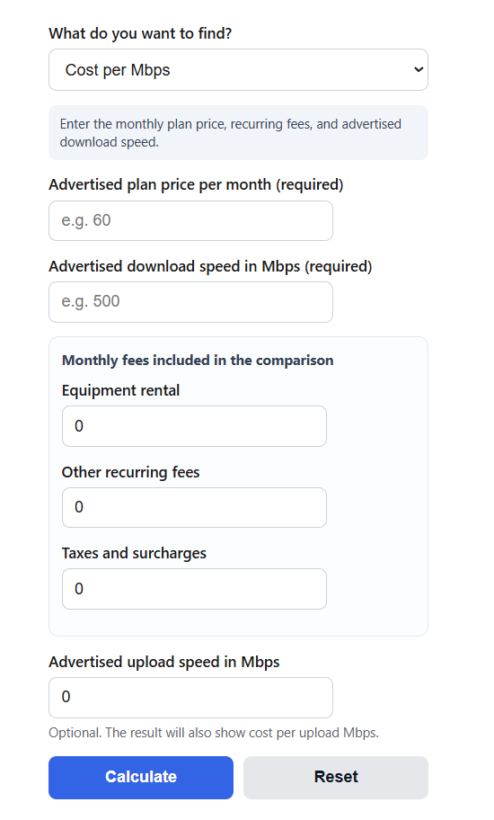Internet Cost Per Mbps Calculator