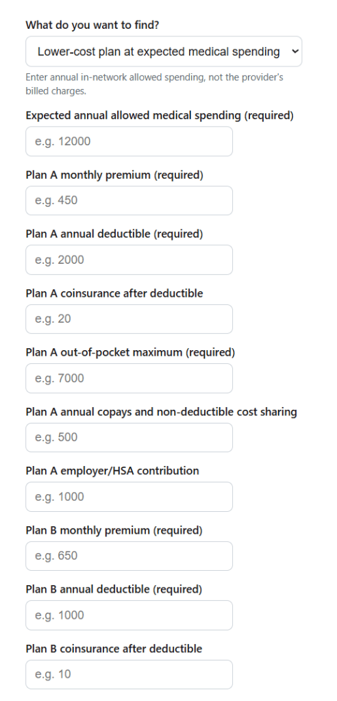 Health Insurance Plan Comparison Calculator