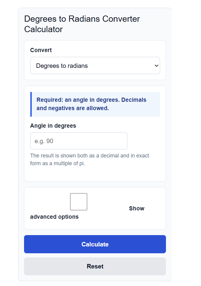 Degrees To Radians Converter Calculator