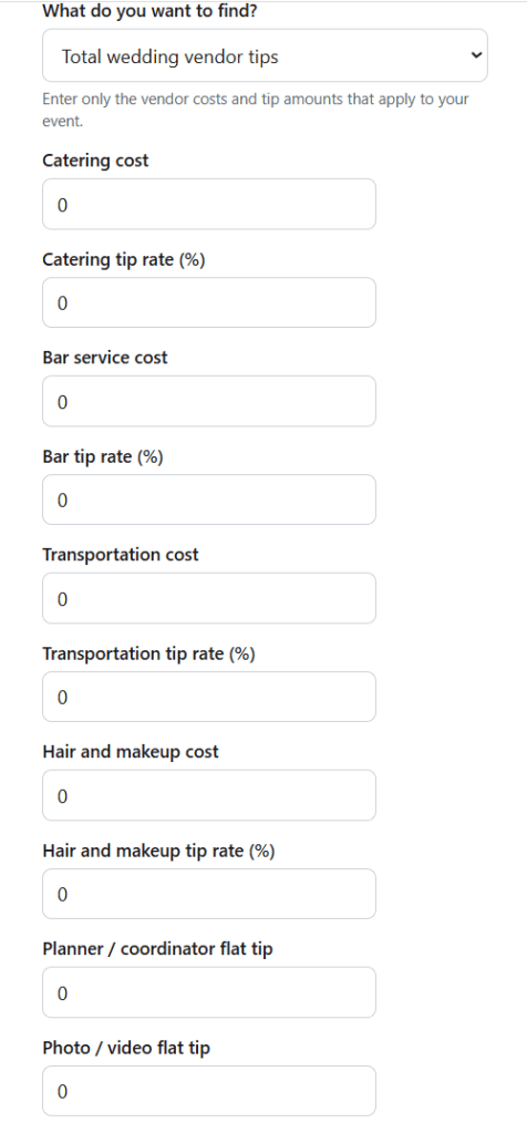 Wedding Vendor Tip Calculator