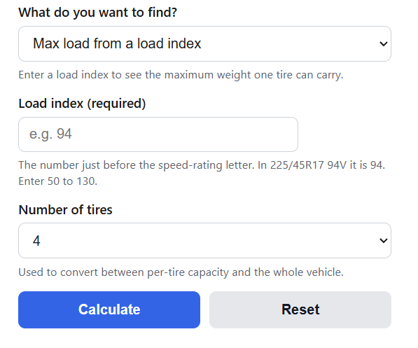 Tire Load Index Calculator
