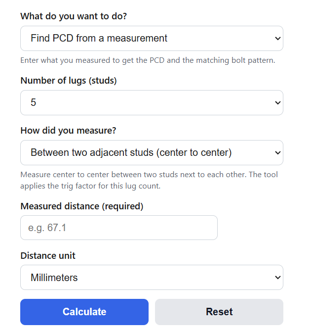 Wheel Bolt Pattern (PCD) Calculator