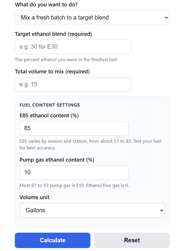 E85 Ethanol Blend Calculator
