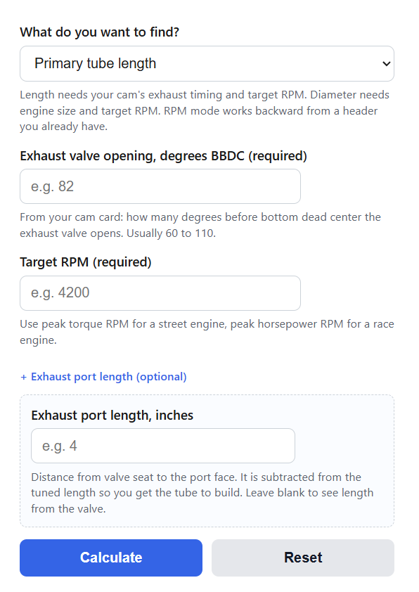 Header Primary Tube Length Calculator