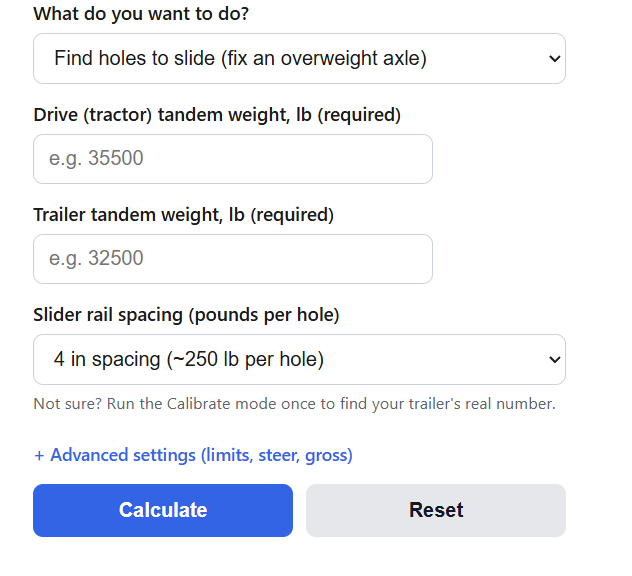 Sliding Tandem Axle Weight Calculator