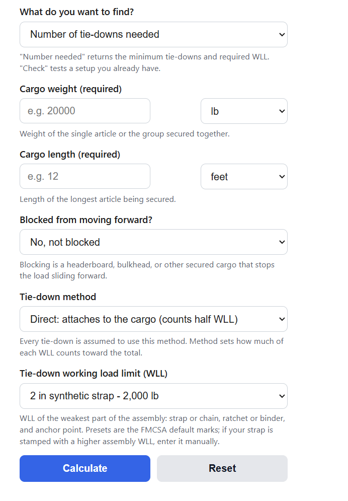 Cargo Securement Tie-Down Calculator
