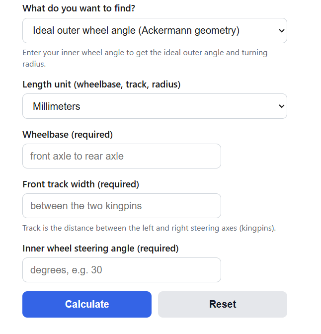 Ackermann Steering Angle Calculator