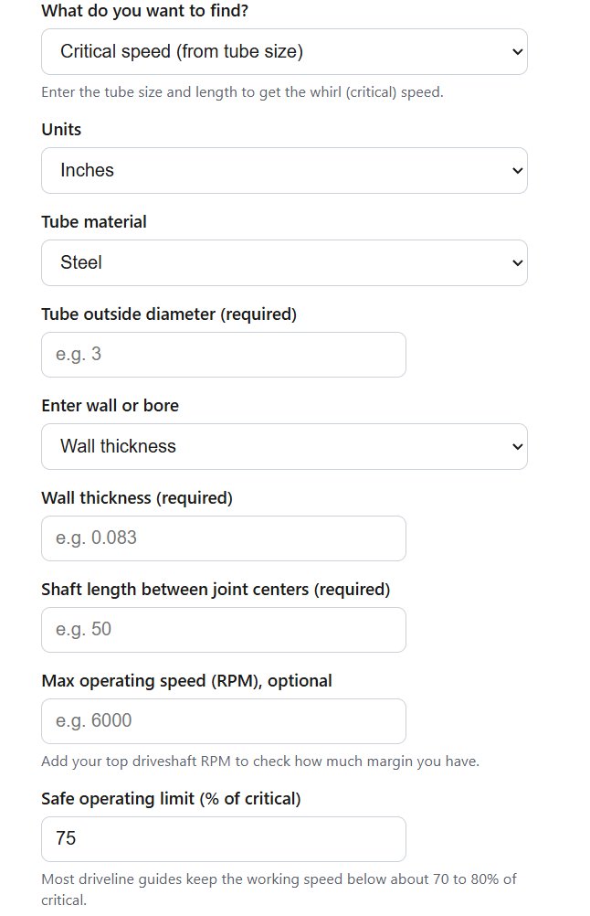 Driveshaft Critical Speed Calculator