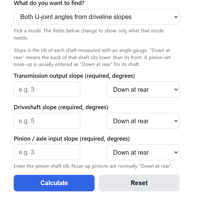 Driveshaft U-Joint Operating Angle Calculator