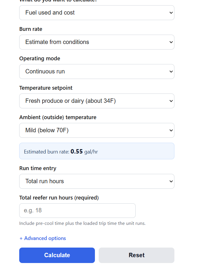 Reefer Unit Fuel Consumption Calculator