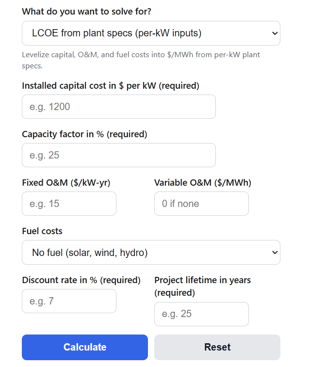 Levelized Cost of Energy (LCOE) Calculator
