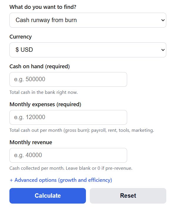 Startup Burn Rate & Runway Calculator