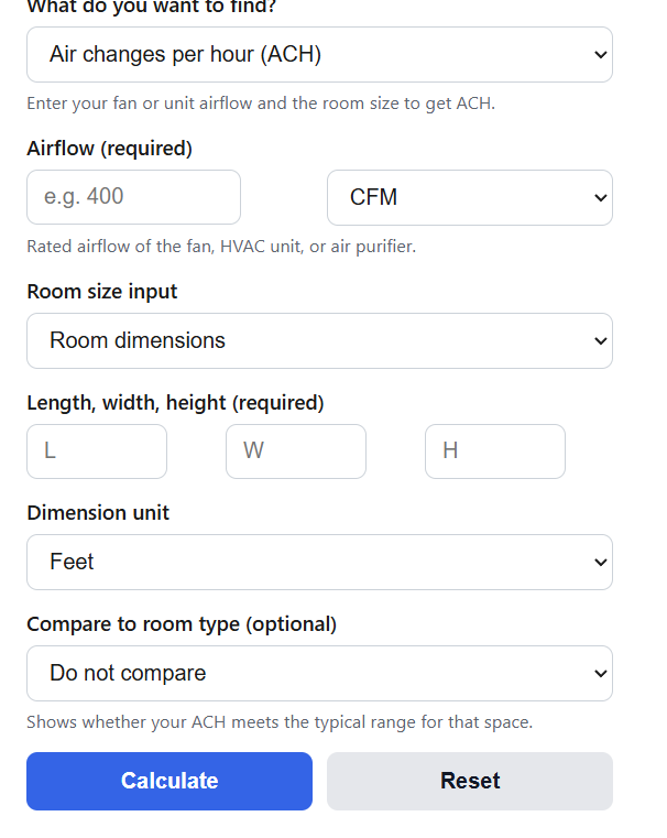 Air Changes Per Hour (ACH) Calculator