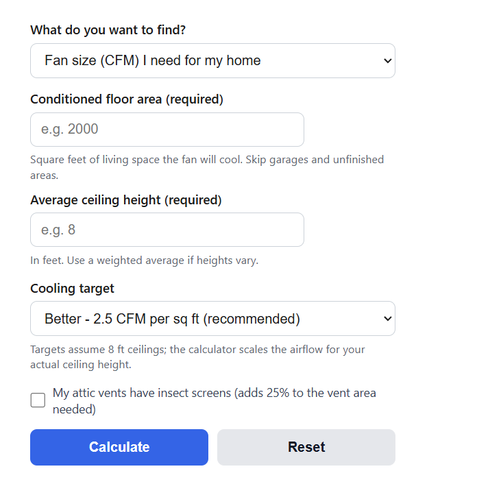 Whole House Fan CFM Calculator