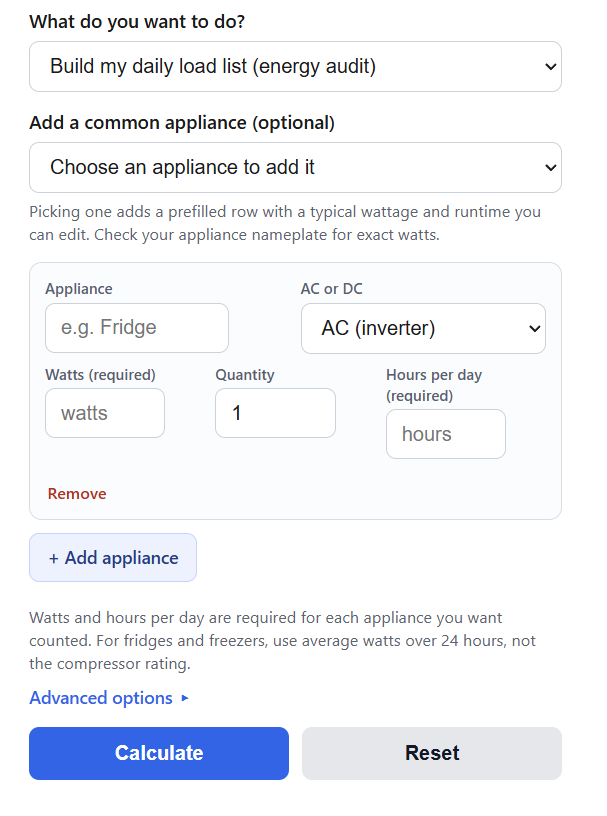 Off-Grid Daily Load (Energy Audit) Calculator