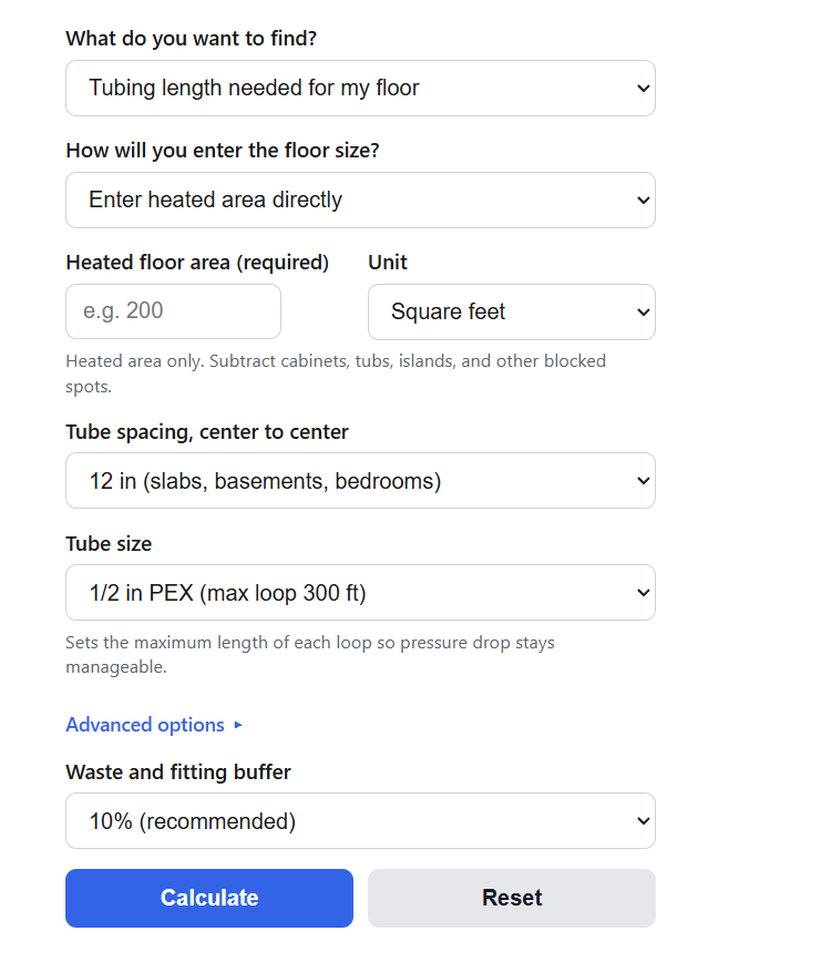 Radiant Floor Heating Tubing Length Calculator