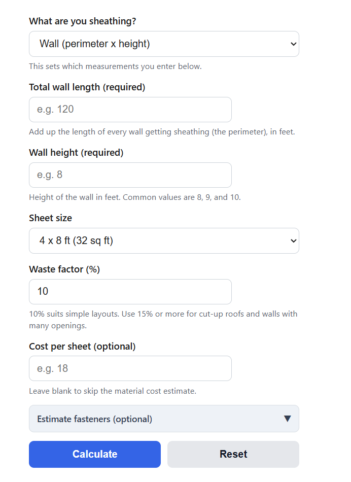 Sheathing Sheet Calculator