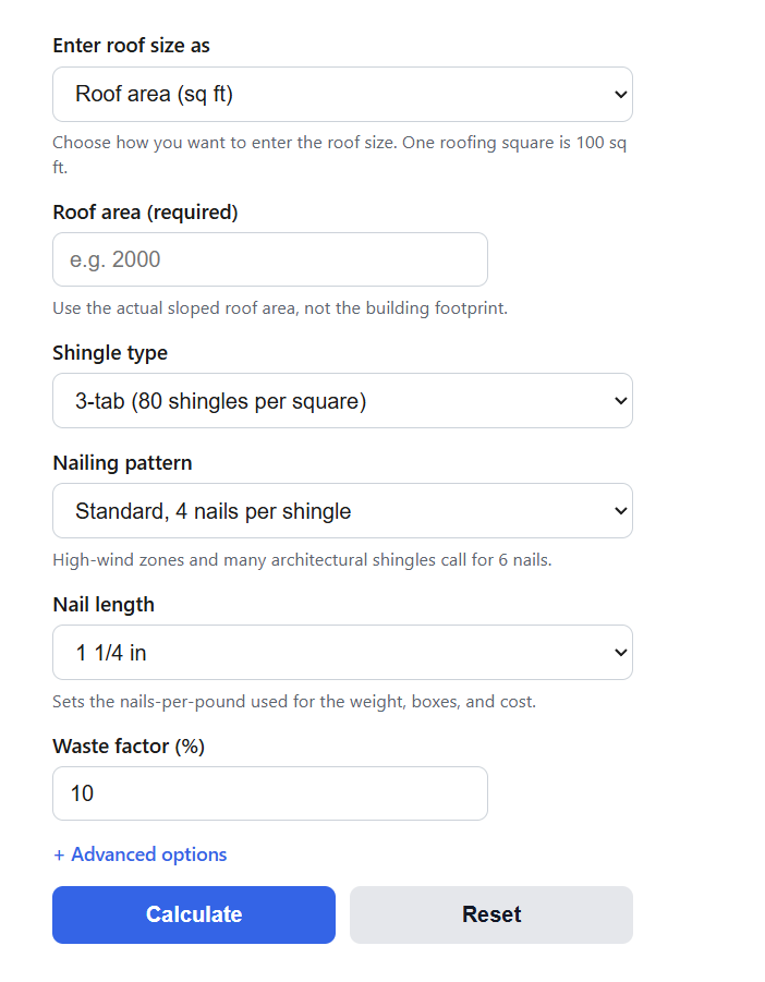 Roofing Nail Calculator