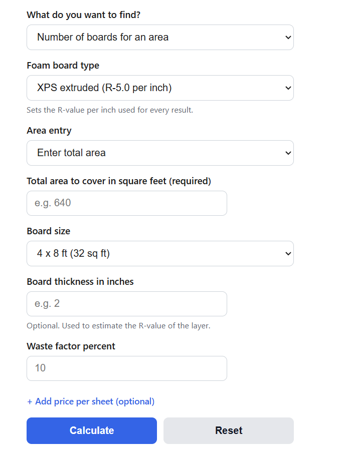 Rigid Foam Board Calculator