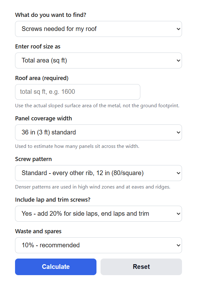 Metal Roof Screw Calculator