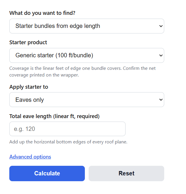 Starter Shingle Calculator