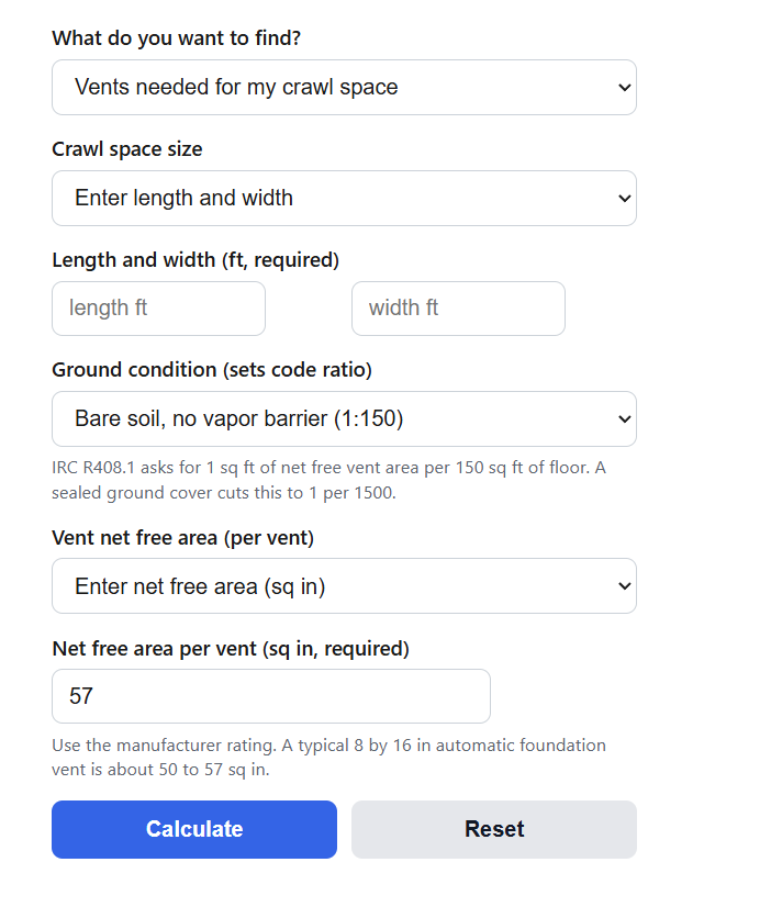 Crawl Space Vent Calculator