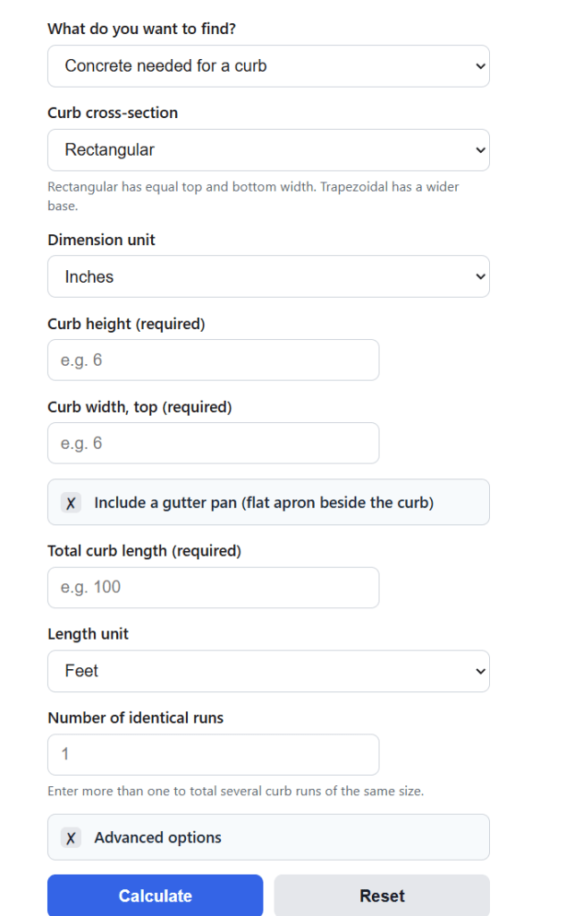 Concrete Curb Calculator
