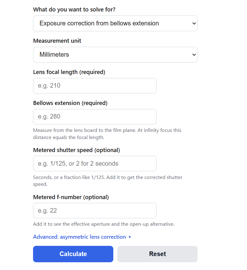 Bellows Extension Exposure Factor Calculator