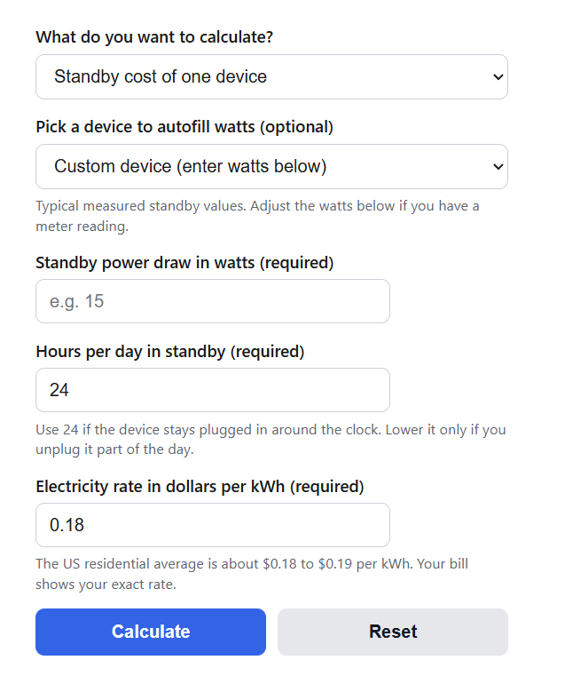 Standby (Phantom) Power Cost Calculator