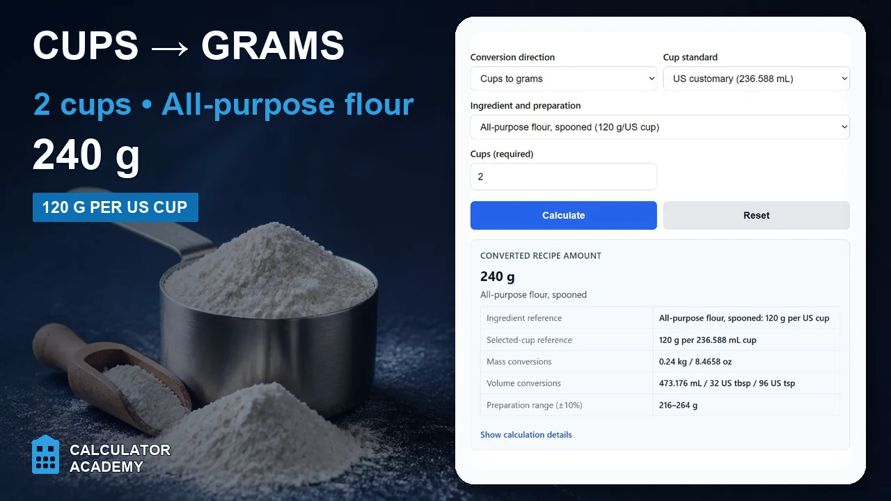 Cups to grams converter showing 2 US cups of all-purpose flour equals 240 grams