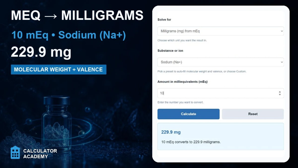 mEq to mg calculator showing 10 milliequivalents of sodium equals 229.9 milligrams