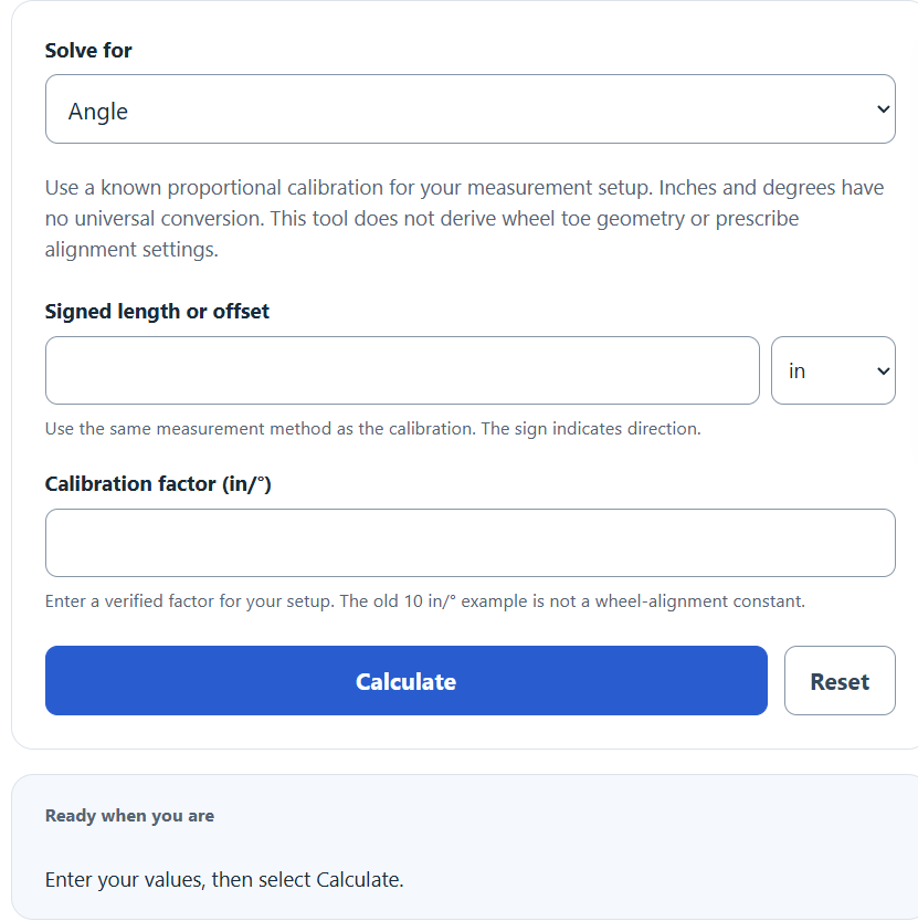 Alignment Inches To Degrees Calculator screenshot