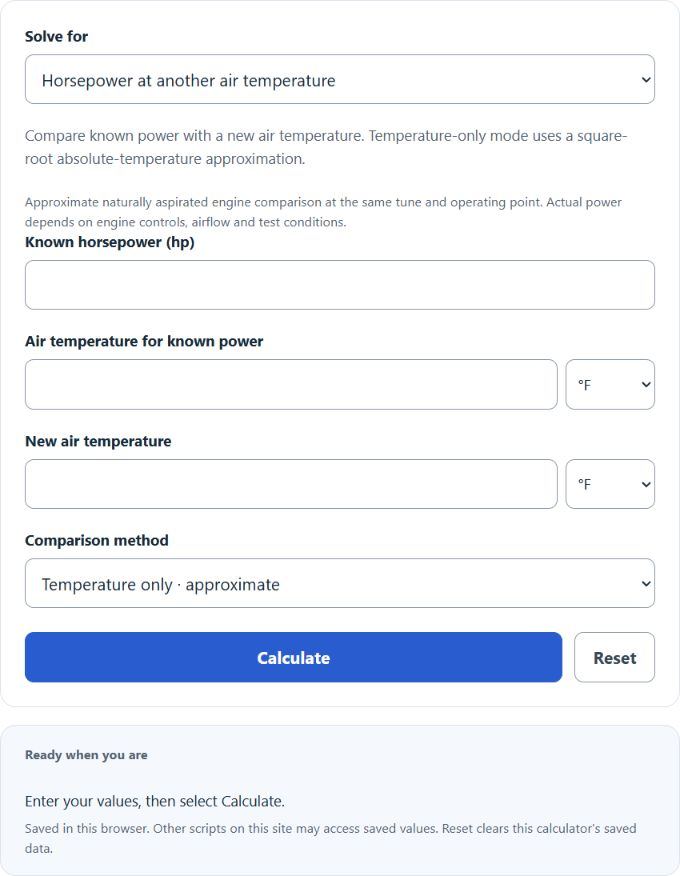 Air Temperature Horsepower Calculator screenshot