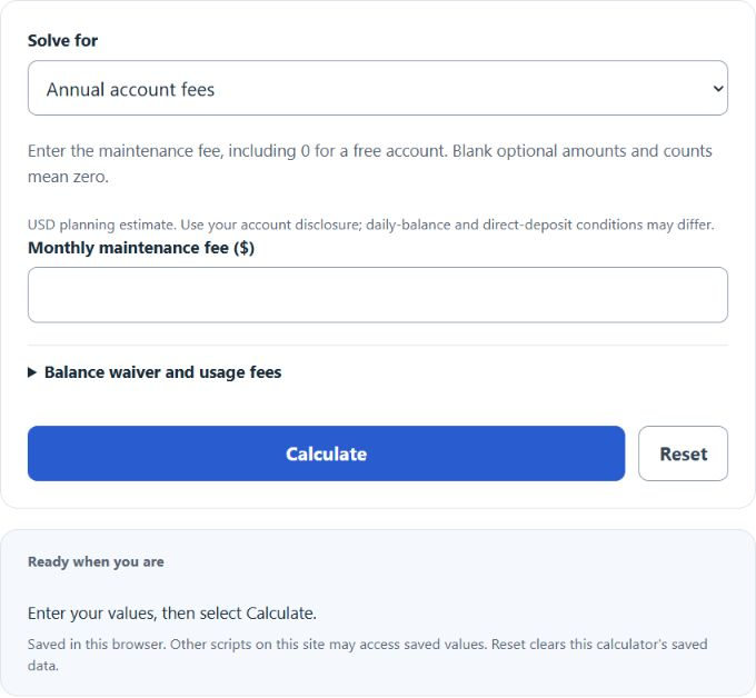 Bank Account Fee Calculator screenshot