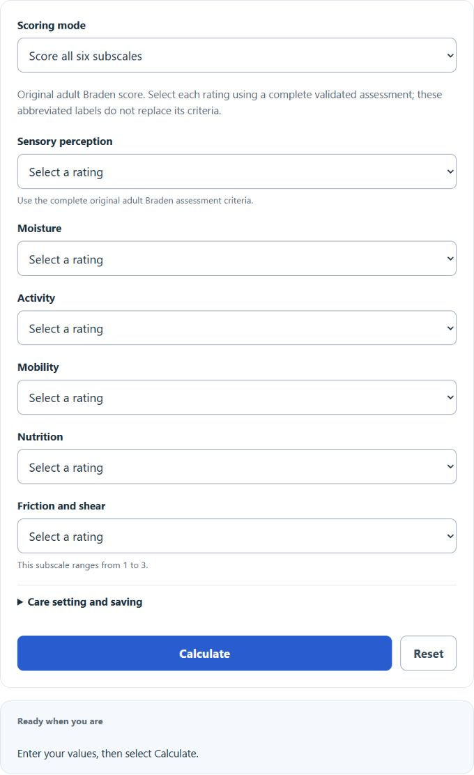 Braden Scale Calculator screenshot