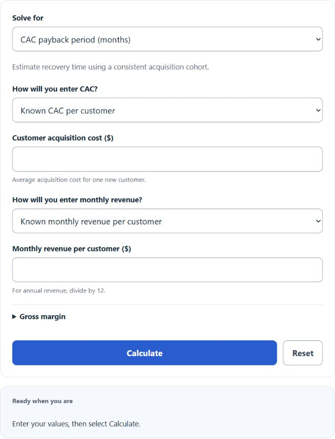 CAC Payback Period Calculator screenshot