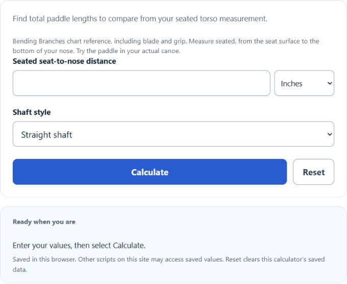 Canoe Paddle Length Calculator screenshot