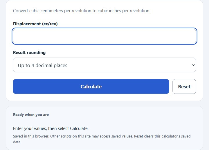 cc/rev to in3/rev Converter screenshot