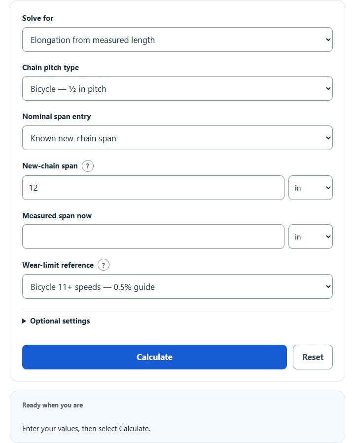 Chain Wear (Stretch) Calculator screenshot
