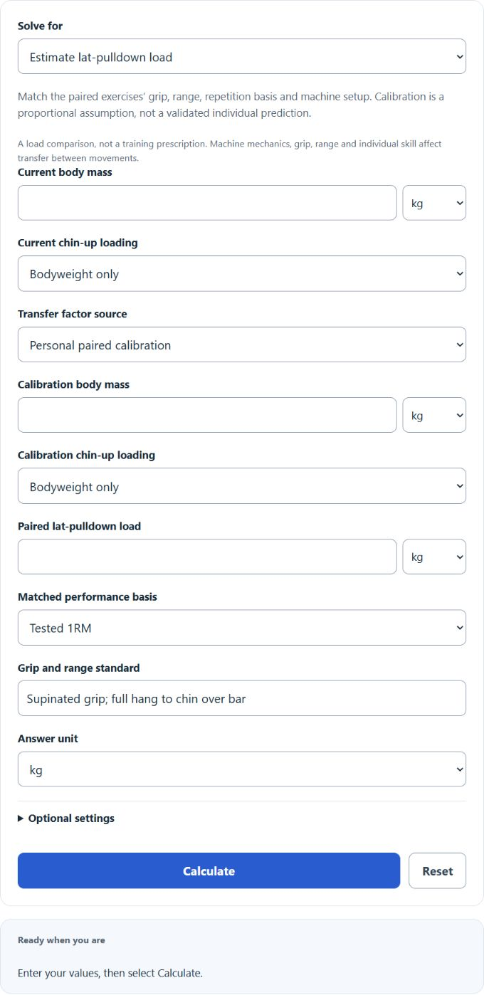 Chin Up To Lat Pulldown Calculator screenshot