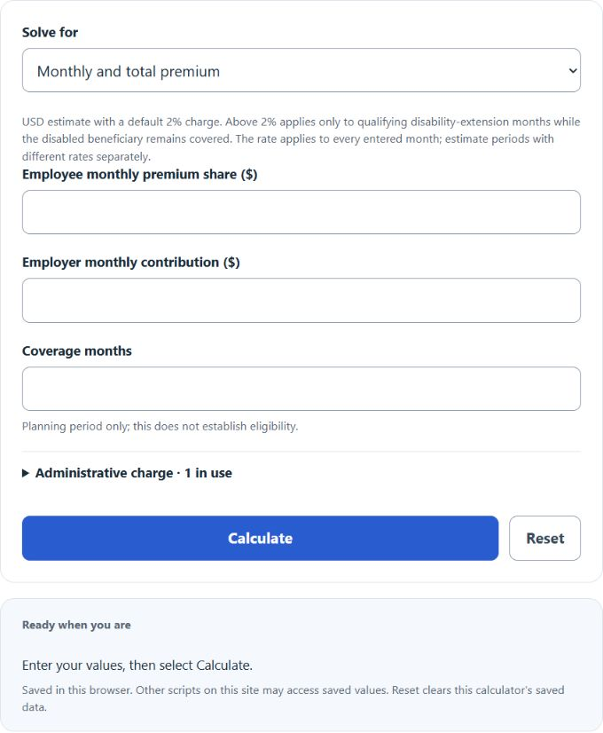 COBRA Cost Calculator screenshot