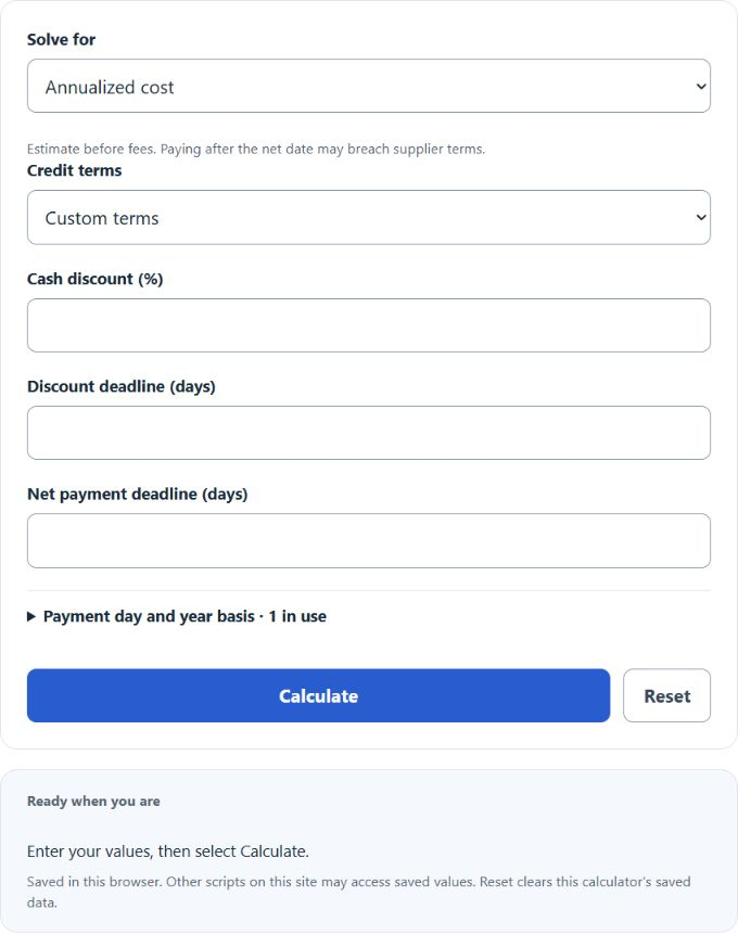 Cost of Trade Credit Calculator screenshot
