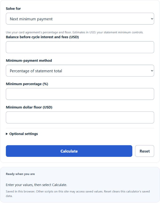 Credit Card Minimum Payment Calculator screenshot