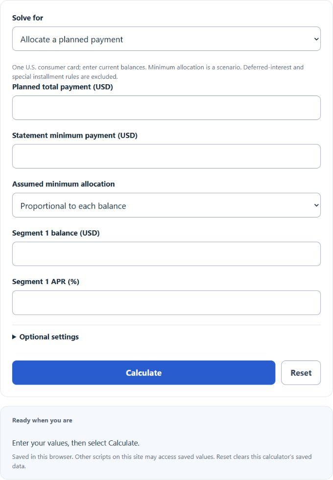 Credit Card Payment Allocation Calculator screenshot