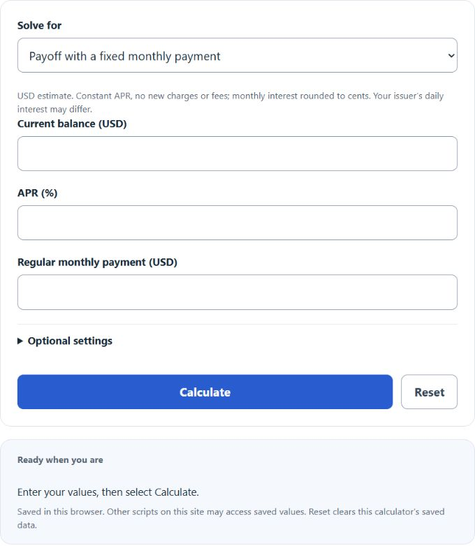 Credit Card Payoff Time Calculator screenshot