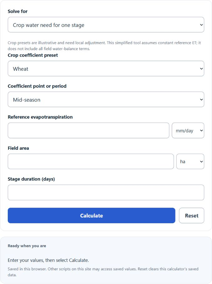 Crop Water Requirement Calculator screenshot