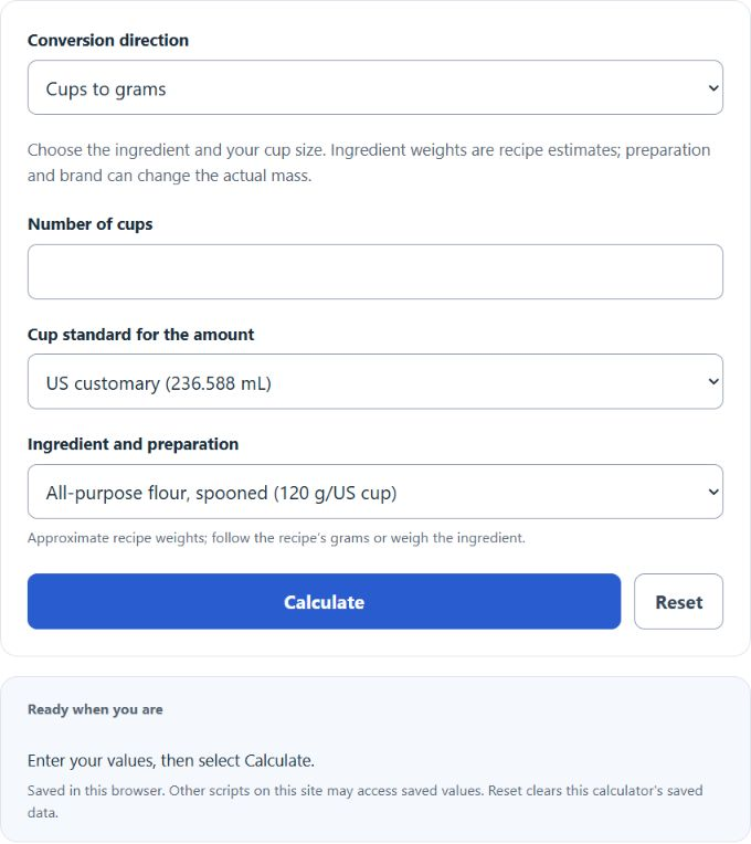 Cups To Grams Converter Calculator screenshot