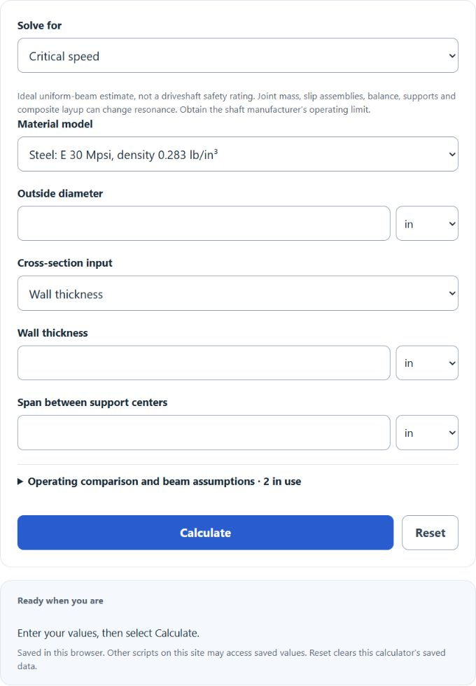 Driveshaft Critical Speed Calculator screenshot